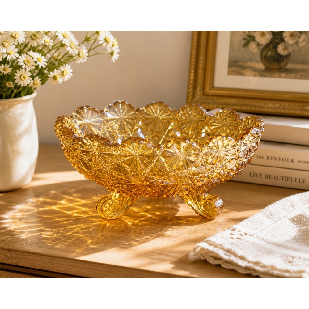 Vintage LG‎ Wright Fenton Daisy & Buttons Amber Glass Footed Oval Dish Bowl 5"